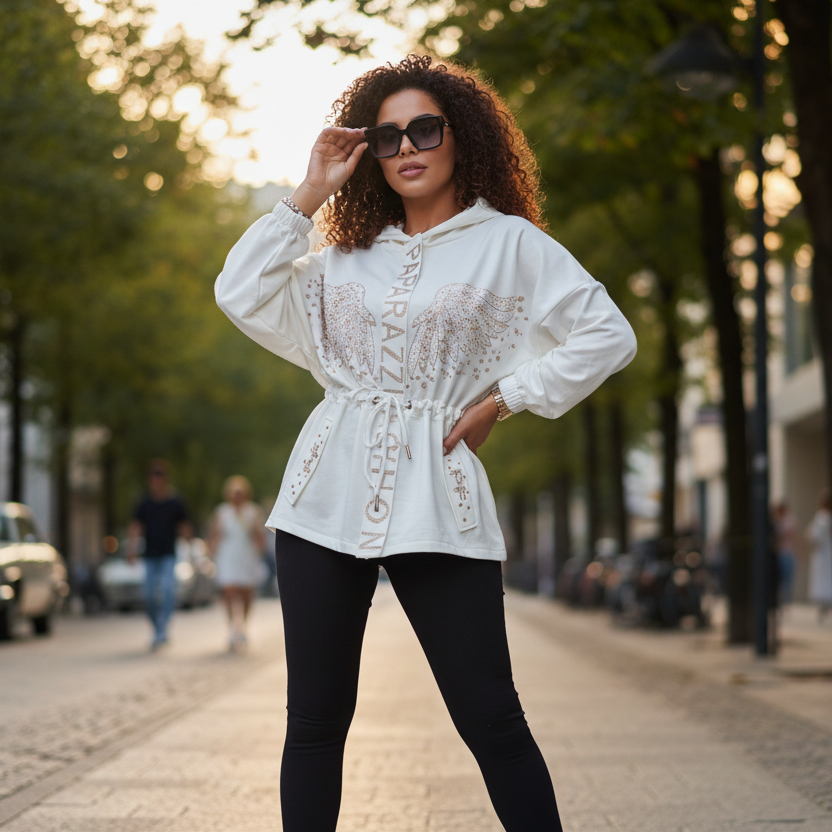 Paparazzi Fashion 0075 Ensemble lumineux tenue femme deux pièces blanche avec sweat à capuche, pantalon assorti et ailes en strass dorés, coupe ample ajustable à la taille et détails bijoux tenue femme tendance et élégante pour le quot