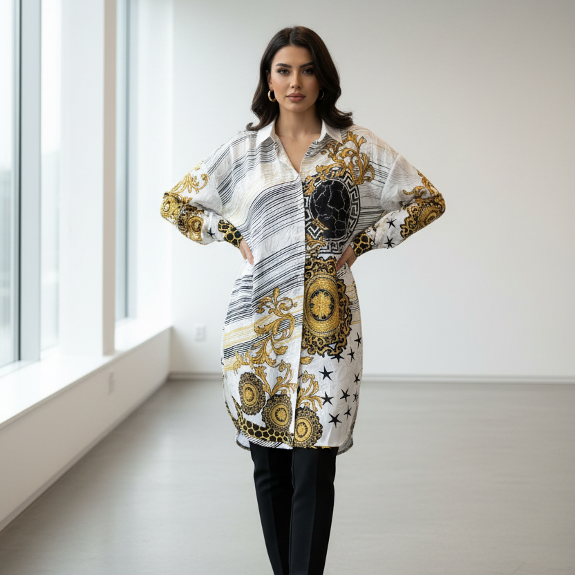 0511 ROBE CHEMISE : Chemise longue oversize style baroque – motif chaînes et médaillons dorés – portée en robe ou tunique look chic et audacieux blanche et or Imprimée coupe fluide confortable