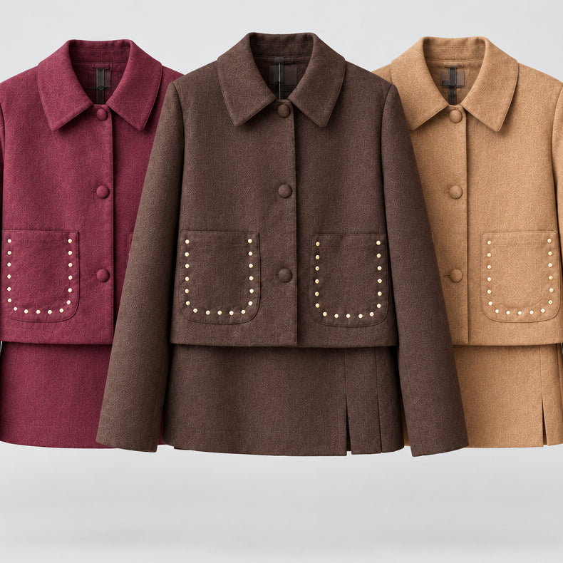 Élégance coordonnée TT3800 – Ensemble femme veste et jupe assorties en maille côtelée, coloris marron bordeaux ou camel, tenue deux pièces chic pour le quotidien et les sorties, tailles S/M 34-38 et M 36-40