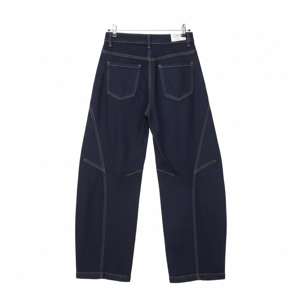 Jean barrel YW1587J – jean balloon femme en denim brut sombre, taille haute asymétrique croisée, jambes larges arrondies et surpiqûres contrastées, style streetwear chic pour le quotidien