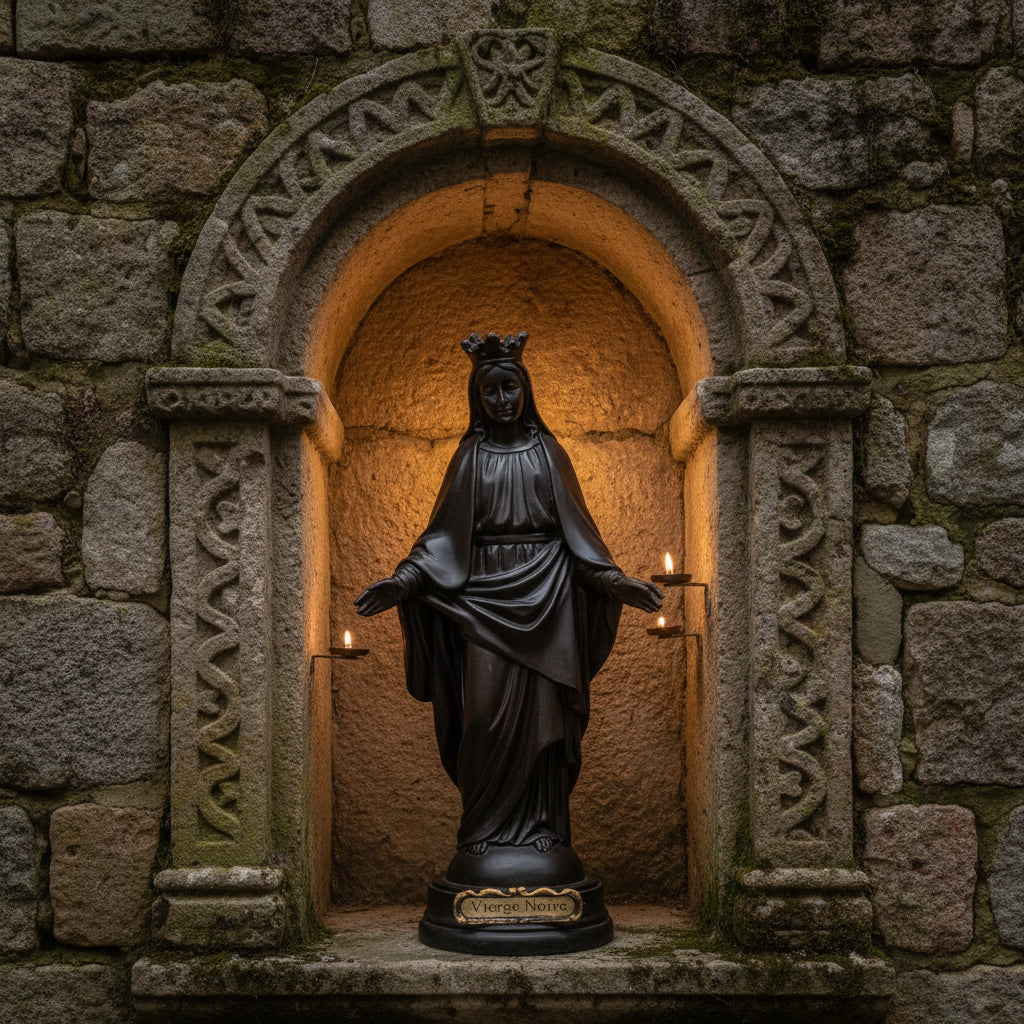 statuette religieuse de la vierge noire de 21 cm bénie par un prêtre de lourdes, passée sous la grotte des apparitions, objet spirituel chargé de dévotion mariale authentique en provenance directe de lourdes