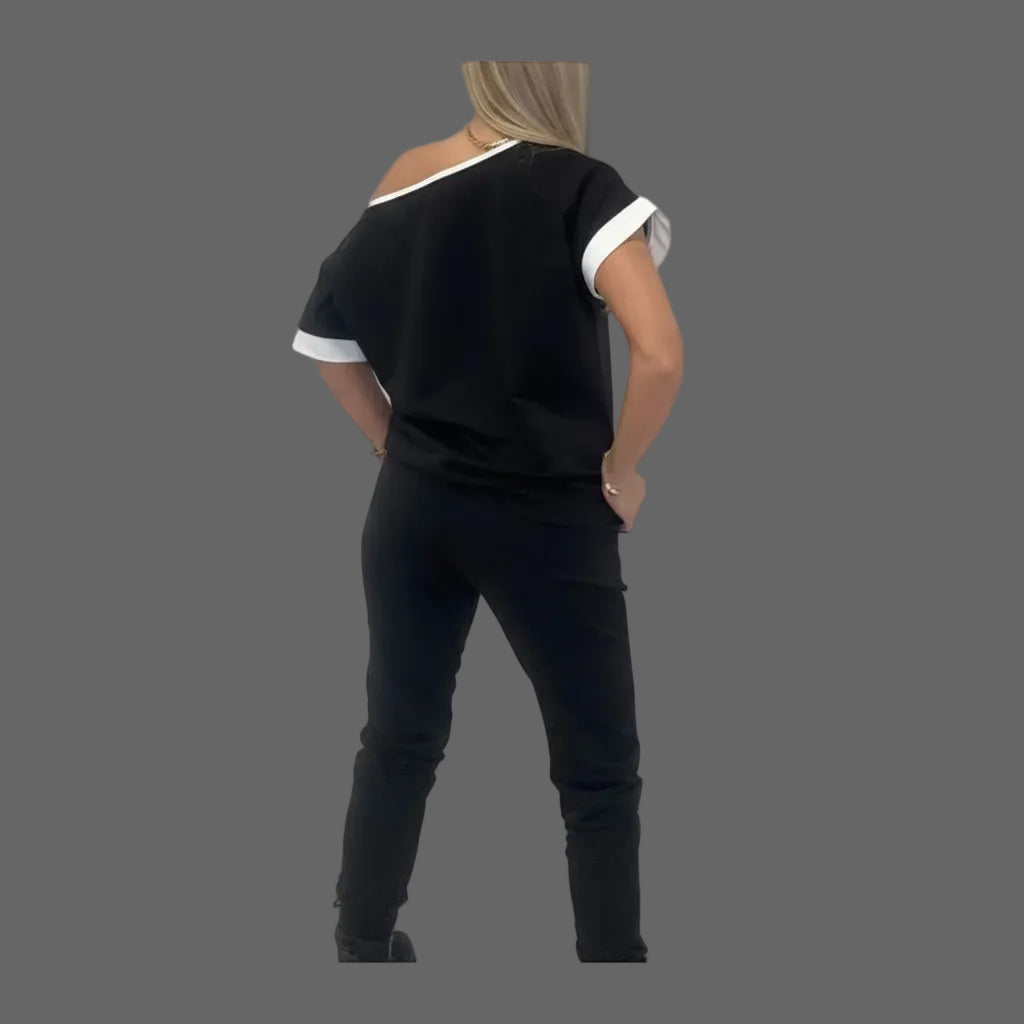 Paparazzi Fashion 0053 Ensemble graphique tenue femme trois pièces avec haut à motif diamant, gilet long à capuche et pantalon bicolore, détails noirs, blancs et dorés, taille unique annoncée du 38 au 44