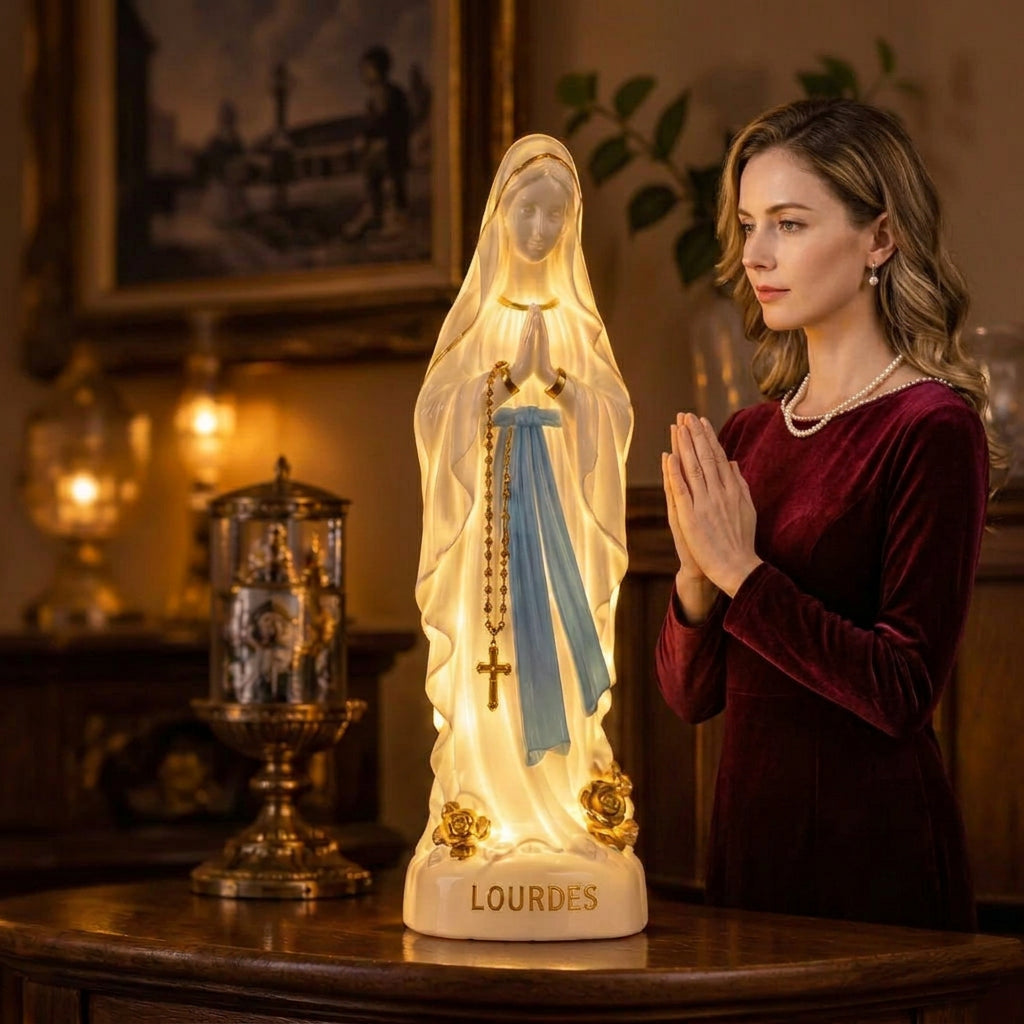 Lumière sacrée – Lampe Vierge Marie Notre-Dame de Lourdes 40 cm, veilleuse de chevet électrique à prise et interrupteur, statue lumineuse blanche et bleu turquoise, fabriquée à Lourdes et bénie