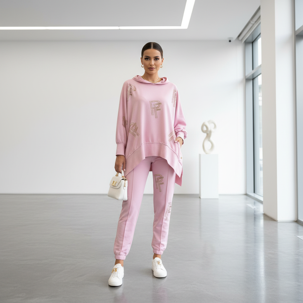 Paparazzi Fashion 0086 Jogging strassé ensemble femme deux pièces avec sweat à capuche et pantalon assorti, motifs graphiques en strass et coupe décontractée, taille unique selon la fiche tenue femme tendance et élégante pour le quotid