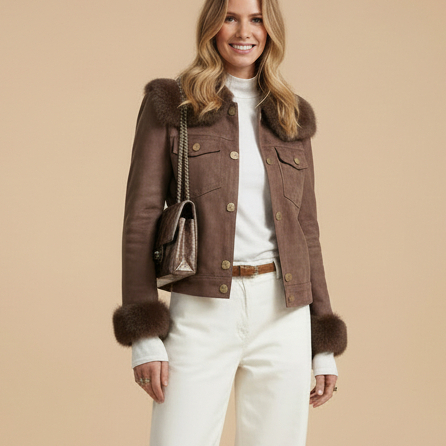 Blouson fourré 82217 – veste courte femme marron effet daim avec intérieur en fausse fourrure, col et poignets fourrés, boutons dorés et poches poitrine, style chic pour l&