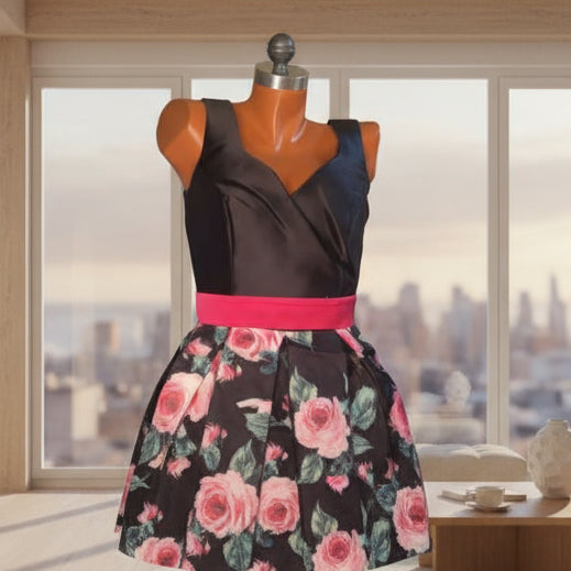 ROBE PATINEUSE ÉLÉGANTE en tissu brillant avec haut noir décolleté en V et jupe motifs roses fuchsia pour occasions spéciales