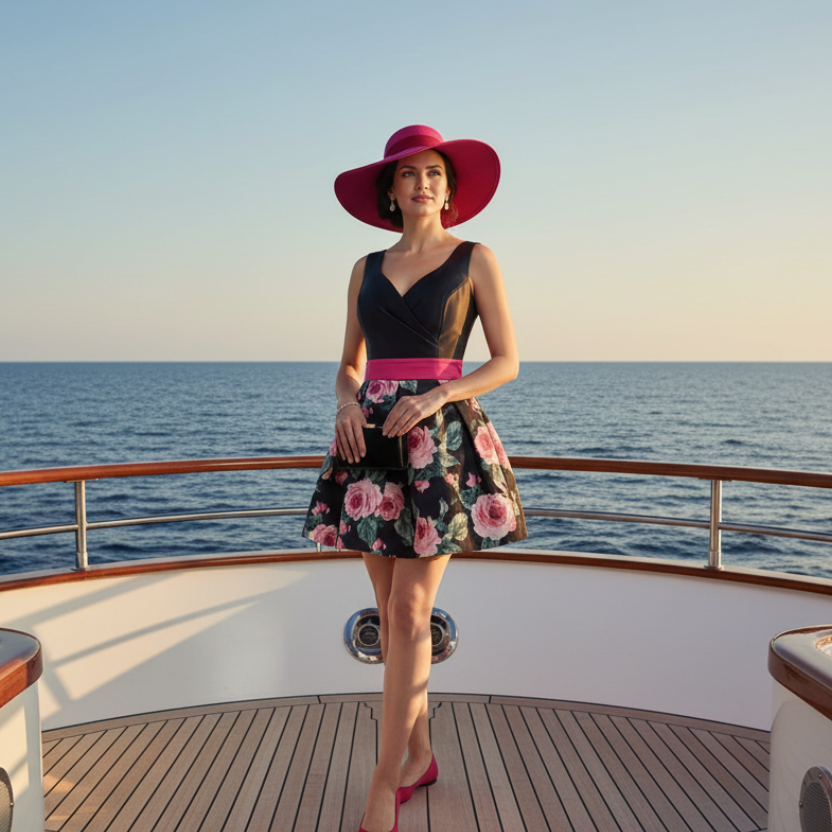 ROBE PATINEUSE ÉLÉGANTE en tissu brillant avec haut noir décolleté en V et jupe motifs roses fuchsia pour occasions spéciales