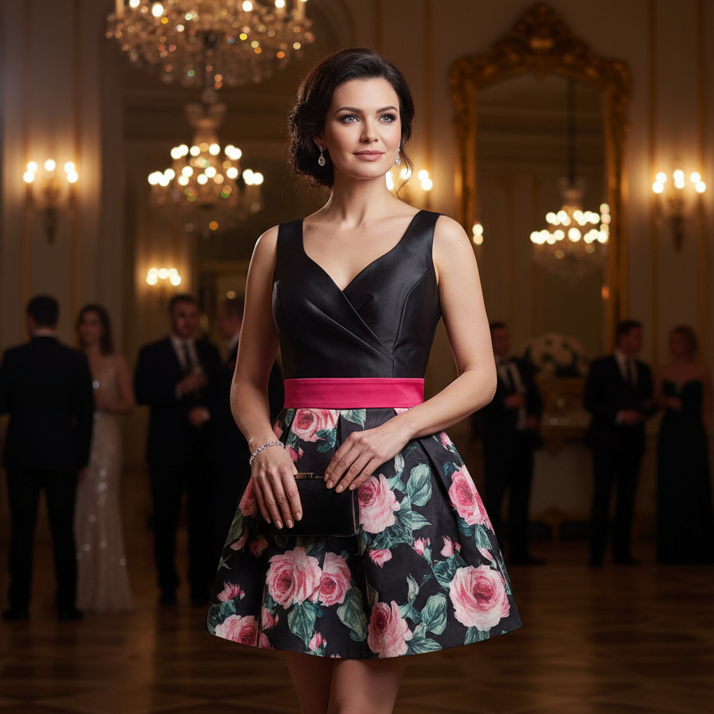 ROBE PATINEUSE ÉLÉGANTE en tissu brillant avec haut noir décolleté en V et jupe motifs roses fuchsia pour occasions spéciales