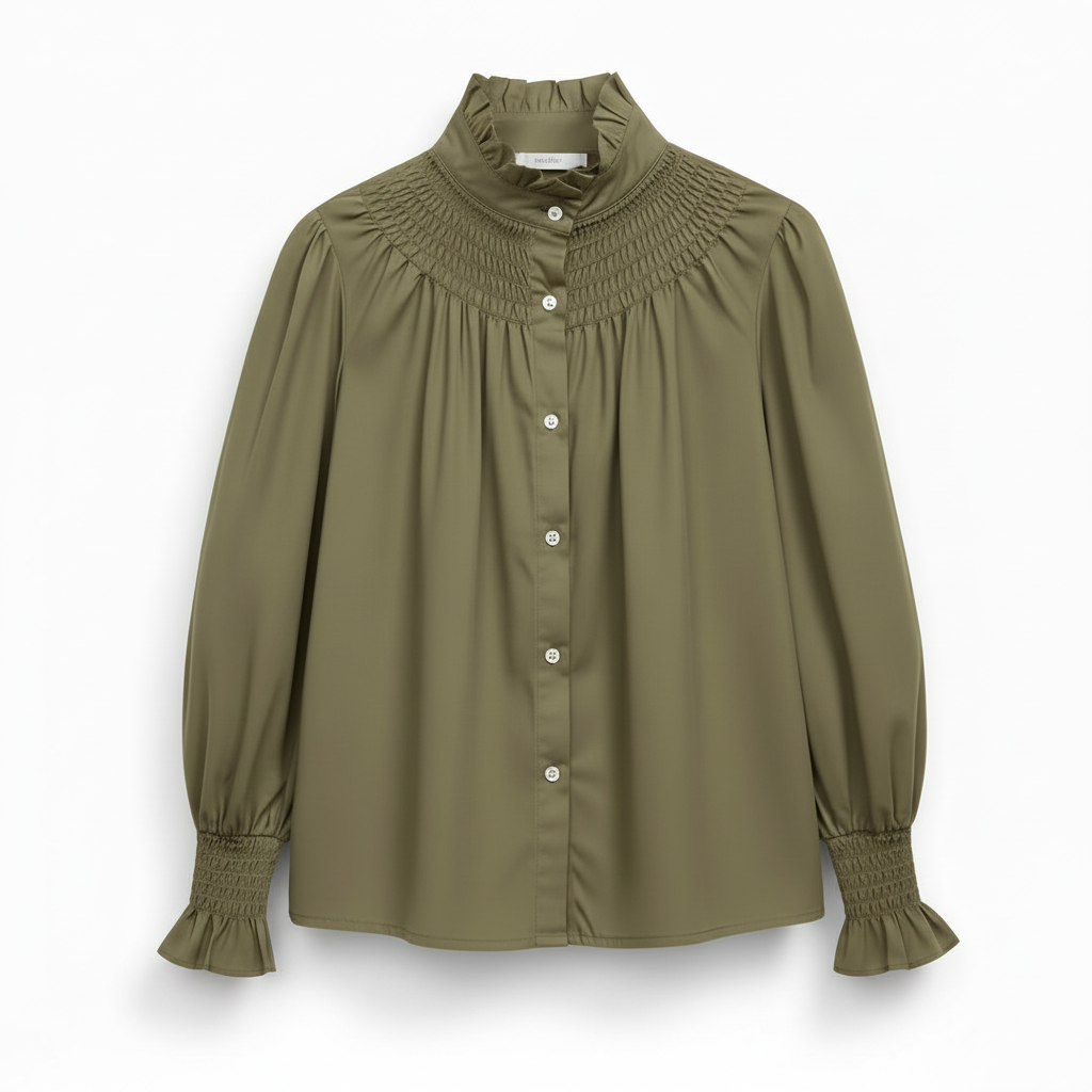 Chemisier romantique 119614 – blouse femme à col montant froncé, manches longues bouffantes et poignets ajustés, boutonnage devant et coupe fluide, style bohème chic pour le quotidien