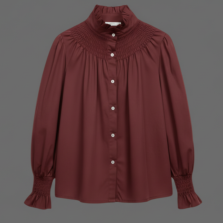 Chemisier romantique 119614 – blouse femme à col montant froncé, manches longues bouffantes et poignets ajustés, boutonnage devant et coupe fluide, style bohème chic pour le quotidien