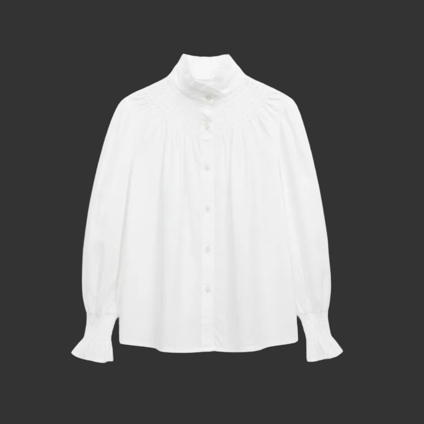 Chemisier romantique 119614 – blouse femme à col montant froncé, manches longues bouffantes et poignets ajustés, boutonnage devant et coupe fluide, style bohème chic pour le quotidien