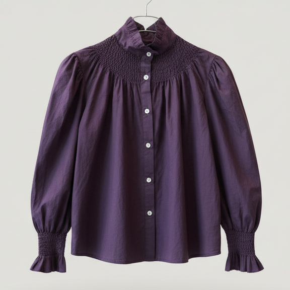 Chemisier romantique 119614 – blouse femme à col montant froncé, manches longues bouffantes et poignets ajustés, boutonnage devant et coupe fluide, style bohème chic pour le quotidien
