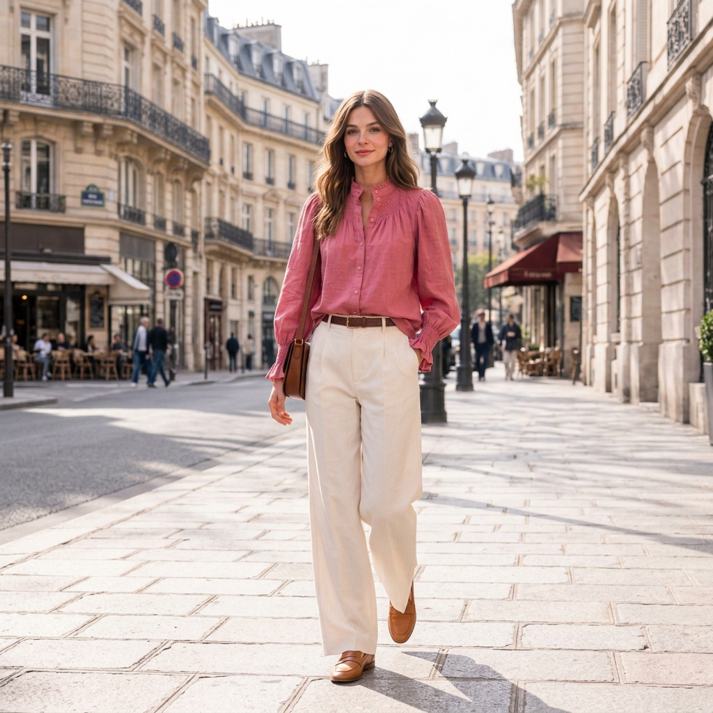 Chemisier romantique 119614 – blouse femme à col montant froncé, manches longues bouffantes et poignets ajustés, boutonnage devant et coupe fluide, style bohème chic pour le quotidien