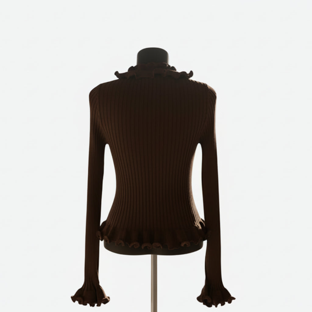 U20521 top moulant, cintré à la taille volant du décolleté au bas du buste