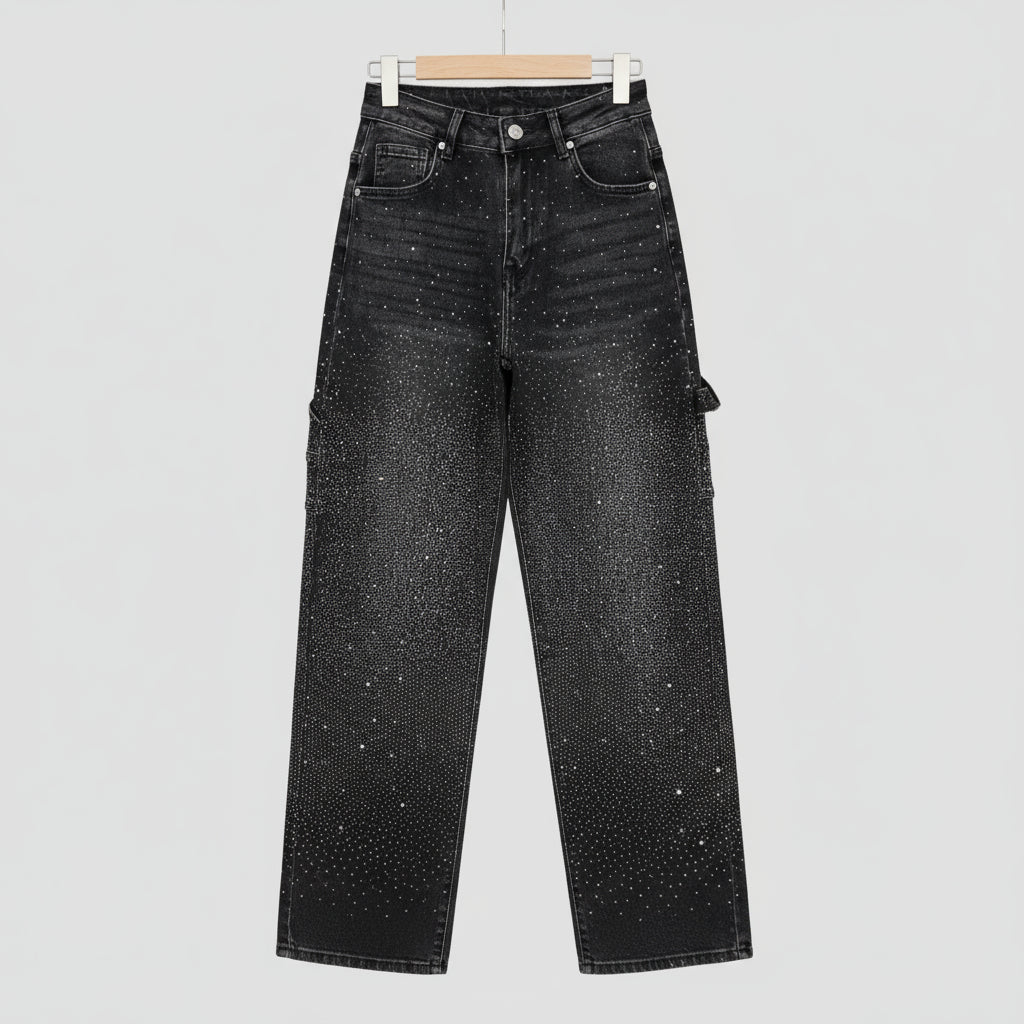 958 Jeans 2007 Strassed Taille Haute Wide Balloon avec Paillettes Élégantes Coupe Jolie et Confortable pour Style Unique et Chic