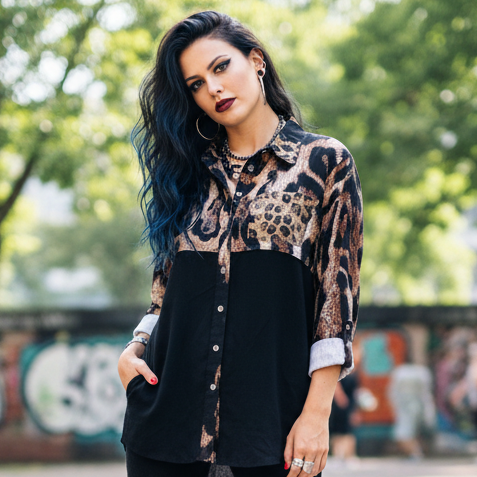 4175 PANTALON CHEMISE FLUIDE LUXE ensemble deux pièces femme chic et moderne comprenant une chemise fluide bicolore à imprimé animalier léopard et tigre sur le haut avec pantalon noir élégant coupe droite idéal pour vos sorties ou le bureau