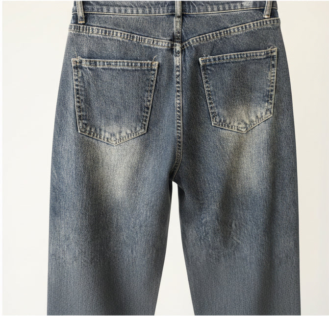 Jean asymétrique YW1670 – jean balloon femme gris noir délavé, taille croisée à boutons décalés, jambes amples et coutures apparentes, coupe urbaine originale pour un look tendance
