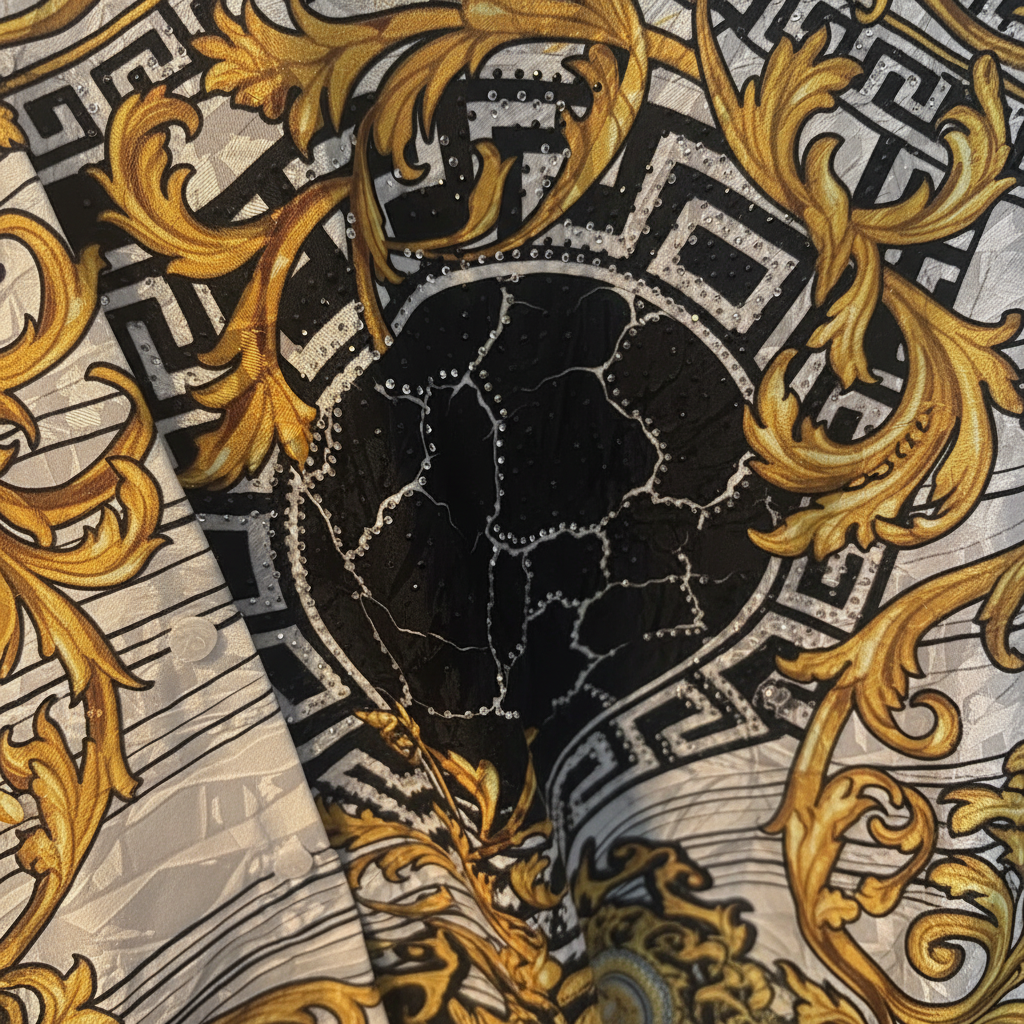 0511 ROBE CHEMISE : Chemise longue oversize style baroque – motif chaînes et médaillons dorés – portée en robe ou tunique look chic et audacieux blanche et or Imprimée coupe fluide confortable