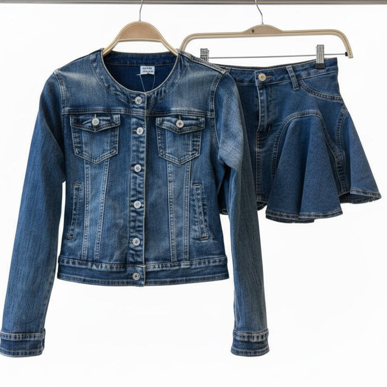 VESTE JEANS :2861 denim premium bleu délavé ,blouson cintré col rond chic sans revers,veste en coton souple & résistant avec poches poitrine,look casual tendance printemps-été enfant