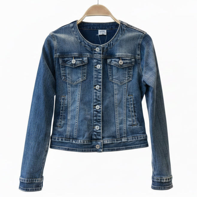 VESTE JEANS :2861 denim premium bleu délavé ,blouson cintré col rond chic sans revers,veste en coton souple & résistant avec poches poitrine,look casual tendance printemps-été enfant