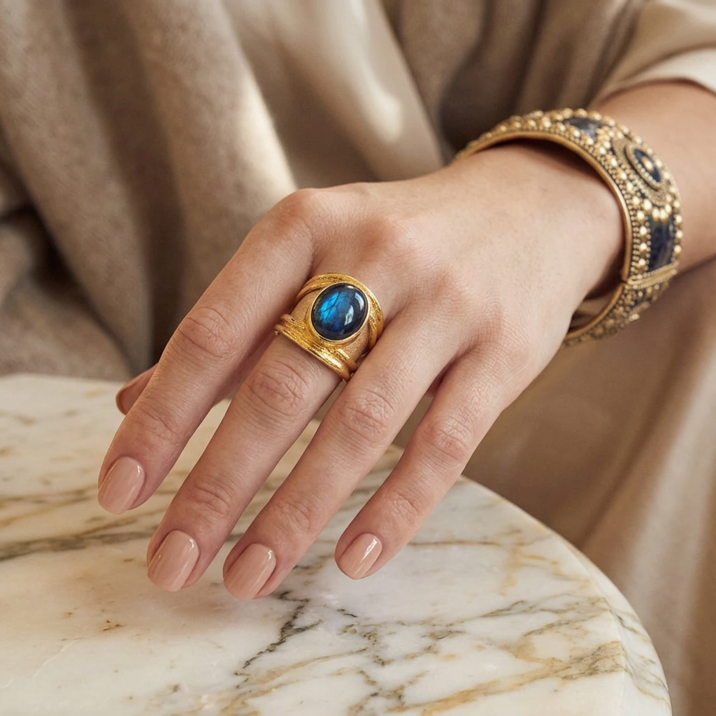 NIIKI PARIS 457 Bague Luna dorée à finition texturée avec pierre de labradorite aux reflets changeants bijou féminin original au style élégant et contemporain à porter seul ou avec des accessoires discrets pour le quotidien et les soirées