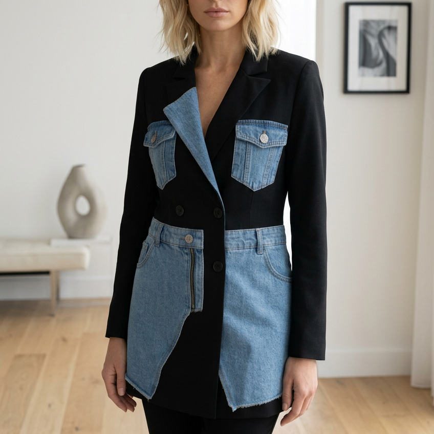 TATU 8290 – blazer femme noir bi -matière à détails denim et coupe asymétrique, pièce originale au style urbain chic à associer à un jean ou un pantalon habillé pour vos sorties en journée.