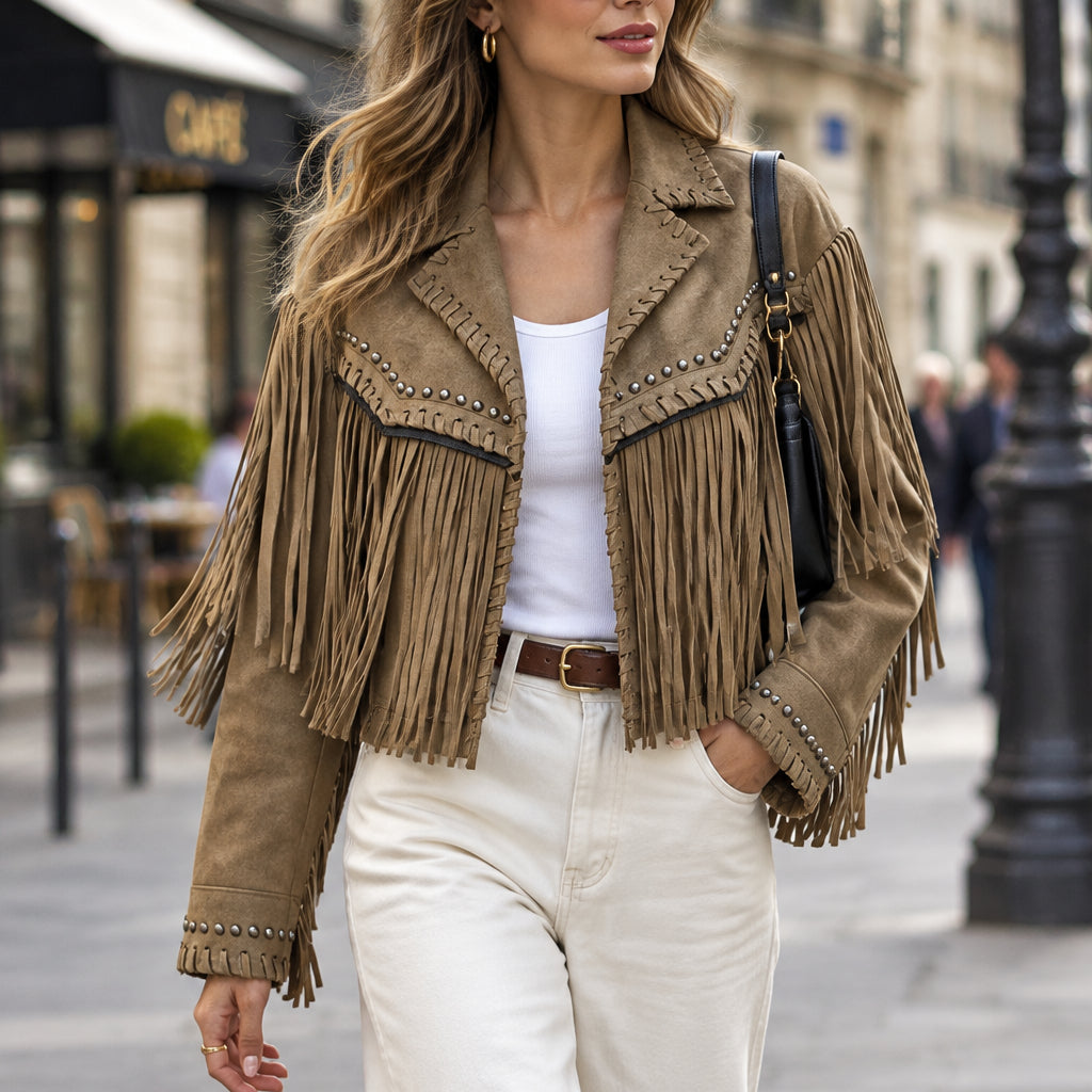 Veste western LR2822 – veste courte femme en suédine avec longues franges sur le buste et les manches, clous argentés et surpiqûres tressées, style bohème chic country