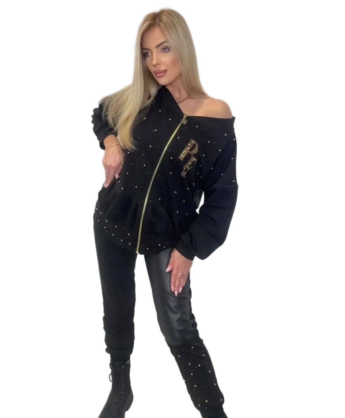 0048 PAPARAZZI Ensemble jogging veste pantalon en bi-matière veste avec fermeture éclair, très évasée sur les épaules, pantalon resserré en bas Sweat et similicuir avec strass et perles