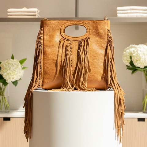 SAC EN CUIR 802 avec franges en cuir grainé véritable à franges bohème chic - porté main ou épaule - finition artisanale style vintage - accessoire tendance mode festival -