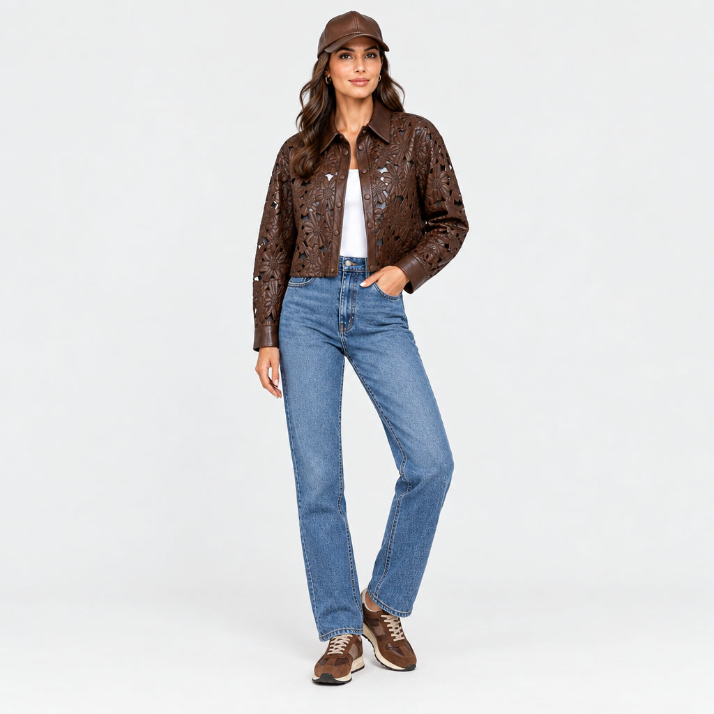 Blouson ajouré MBB8915 – veste courte femme en similicuir marron chocolat avec découpes florales au laser, col chemise et boutons devant, pièce originale pour une tenue chic de saison
