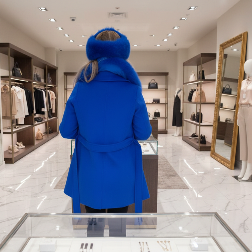 RUSSE toque et veste à col imposant style haute couture d exception bleu électrique en cachemire et véritable fourrure - - chaleur luxe et élégance royale