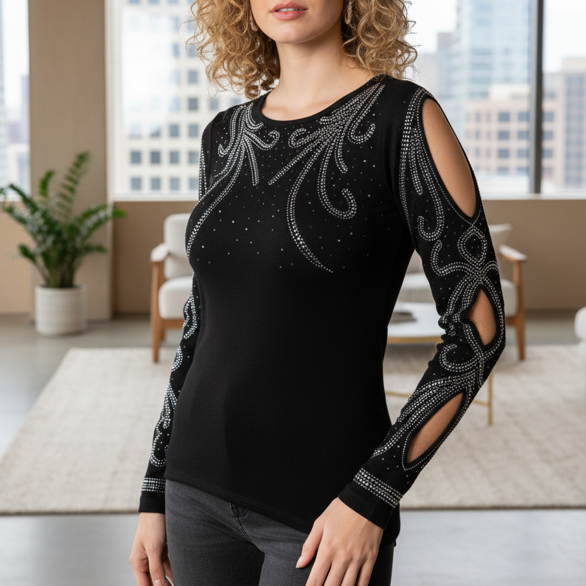 Top arabesques 2254 – haut femme en viscose et élasthanne, manches ajourées et motifs en strass argentés, coupe élégante pour composer une tenue chic avec un pantalon, une jupe ou un jean