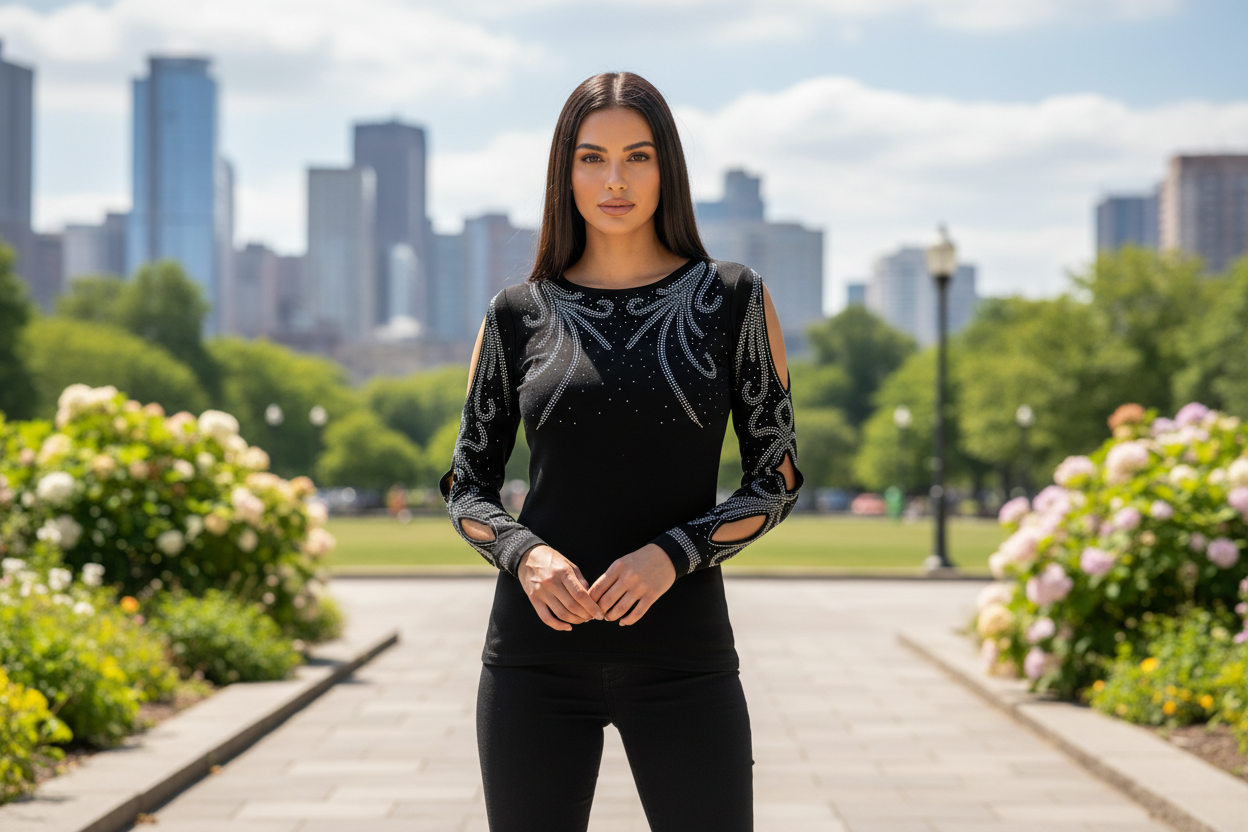 2254 Top Luxe 95% viscose 5% elasthanne ajouré sur les manches avec strass argent en arabesque pour une élegance éxceptionnelle