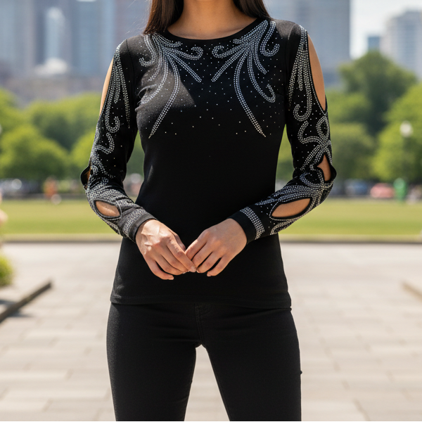 Top arabesques 2254 – haut femme en viscose et élasthanne, manches ajourées et motifs en strass argentés, coupe élégante pour composer une tenue chic avec un pantalon, une jupe ou un jean