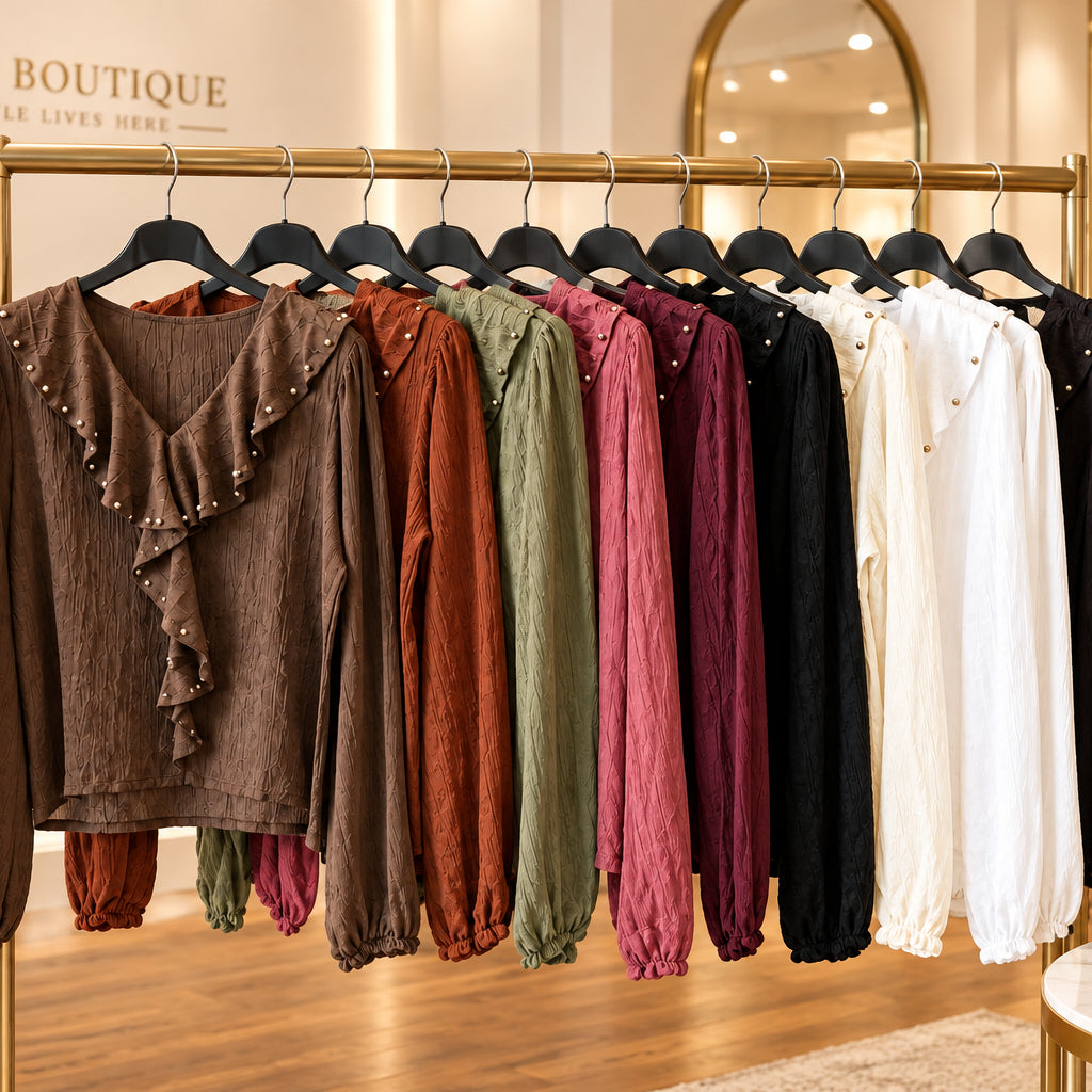Chemisier bohème 26710 – blouse femme marron kaki à décolleté en V, volant cascade orné de petits clous dorés et manches bouffantes, style chic pour l&