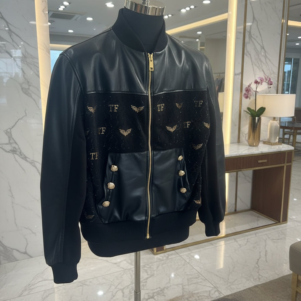9148 TATU Jogging pantalon poche cargo en similicuir et la veste bi - matière similicuir, textile, légèrement fourré à l’intérieur