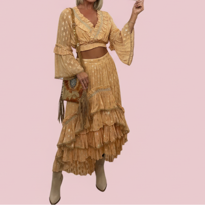 ENSEMBLE 2 pièces PAP70 BOHÈME : TU : Croc top à froufrous, haut manches longues avec col incrusté de perles– imprimés dorés ✨
