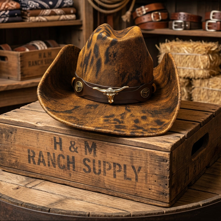 CP2 chapeau de cowboy western en feutre style country chic disponible en plusieurs designs motifs peau de vache audacieux ou finitions brodées élégantes avec ceinture bijou idéal pour soirée country et look bohème