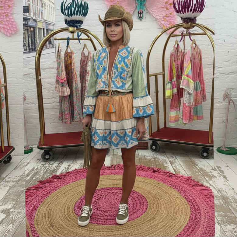 ROBE BOHÈME CHIC PAP74 ; Taille Unique : Robe 🌵 look cowgirl moderne avec broderies ethniques & manches évasées