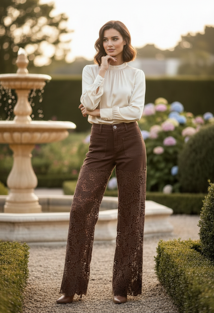 150 pantalon bi- matières le haut du pantalon en jeans marron et toutes les jambe en dentelle