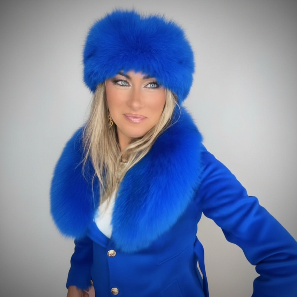 Veste fourrure RUSSE – toque et veste à col imposant style haute couture d exception bleu électrique en cachemire et véritable fourrure - - chaleur luxe et élégance royale