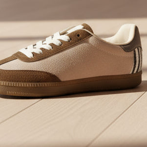 FY1065 Baskets Uniques en Daim Marron et Tissu Beige avec Bandes Pailletées et Talon Zébré pour Confort et Style Quotidien