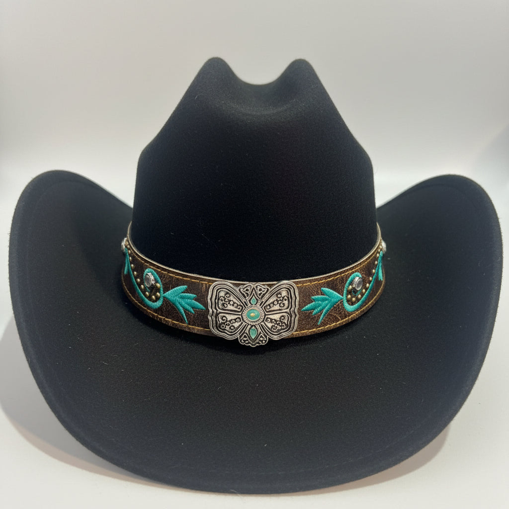 CHAPEAUX de cow-boy style western chic 902 et bohème avec bandeau brodé floral, médaillon central travaillé et finitions premium. l&
