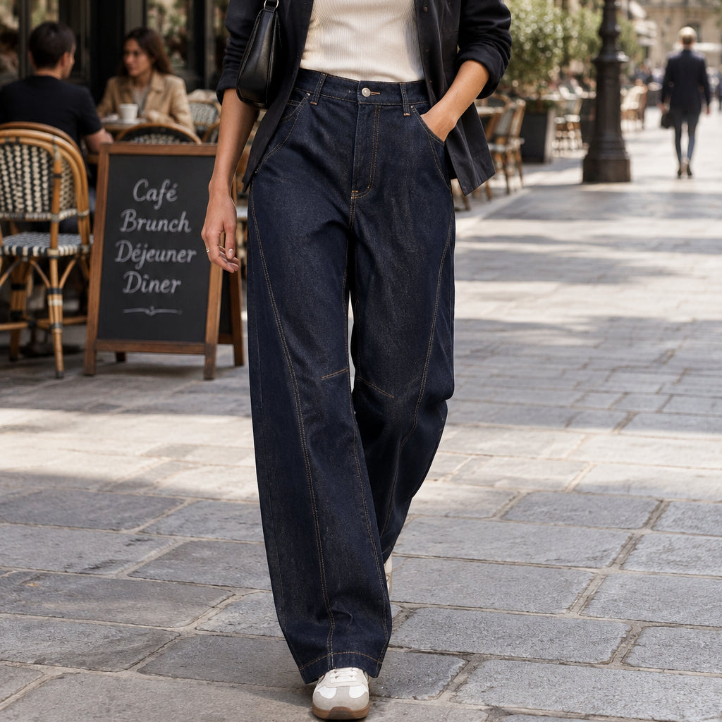 Jean barrel YW1587J – jean balloon femme en denim brut sombre, taille haute asymétrique croisée, jambes larges arrondies et surpiqûres contrastées, style streetwear chic pour le quotidien