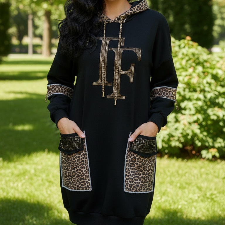 TATU DU 38/44 Robe sweat avec capuche poche 9194 logo en léopard avec strass pour un style chic et confortable