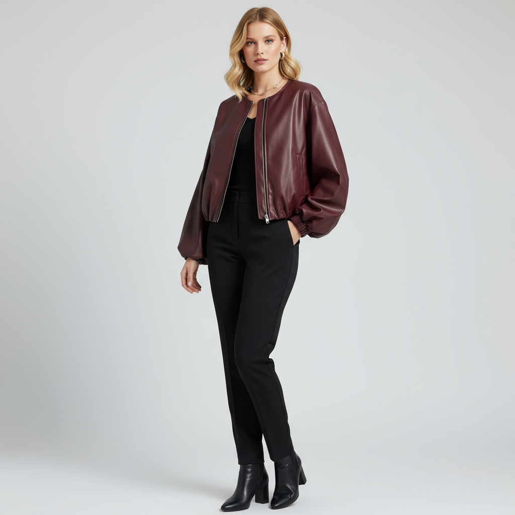 8612 Blouson forme boule en similicuir de très haute qualité élastique à la taille et aux manches avec fermeture éclair