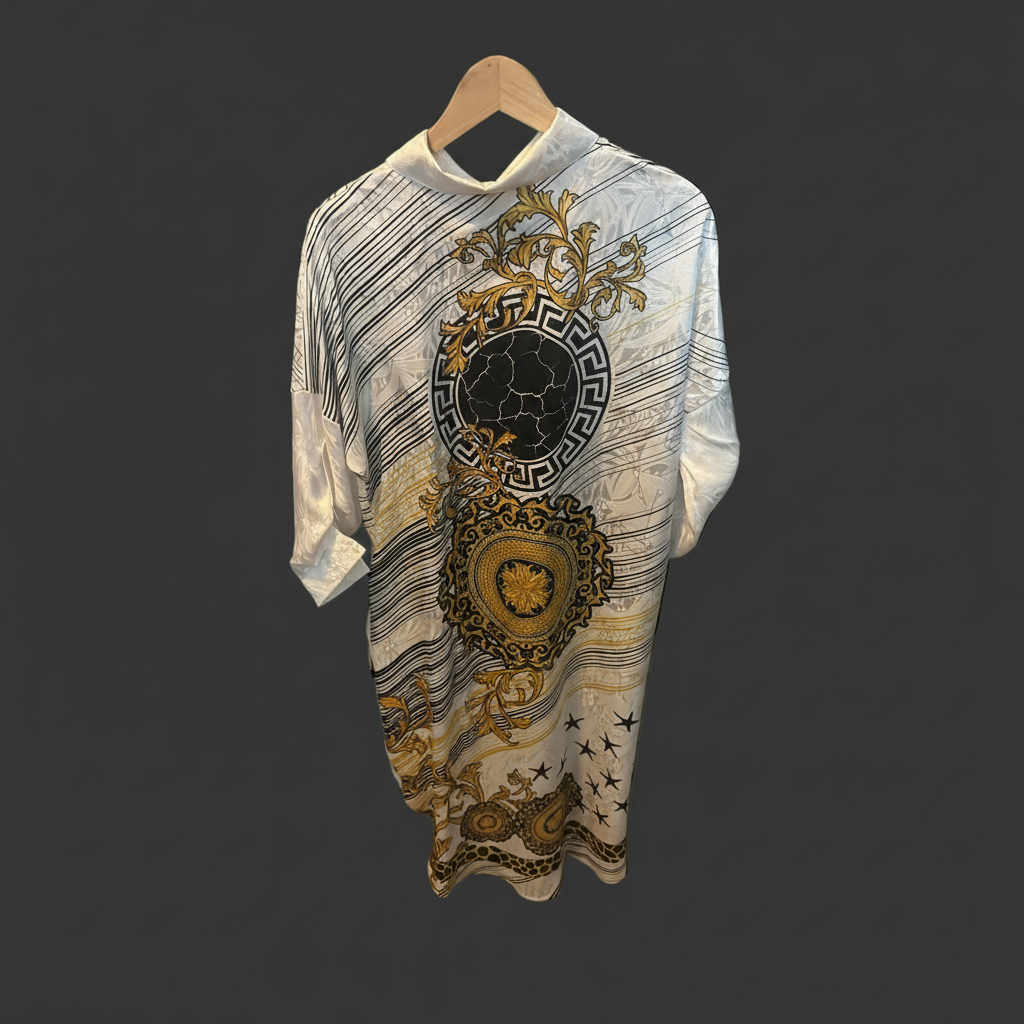 0511 ROBE CHEMISE : Chemise longue oversize style baroque – motif chaînes et médaillons dorés – portée en robe ou tunique look chic et audacieux blanche et or Imprimée coupe fluide confortable