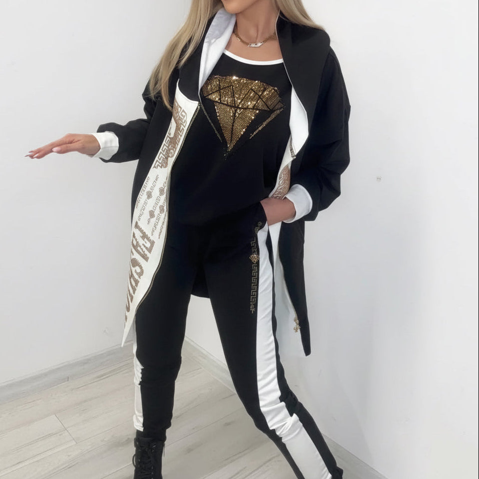 PAPARAZZI 0053 taille unique du 38/44 : Ensemble 3 pièces ultra tendance ! Un mix parfait entre un t-shirt diamant, un pantalon bicolore et une veste longue graphique. Le look urbain chic pour affirmer votre personnalité.