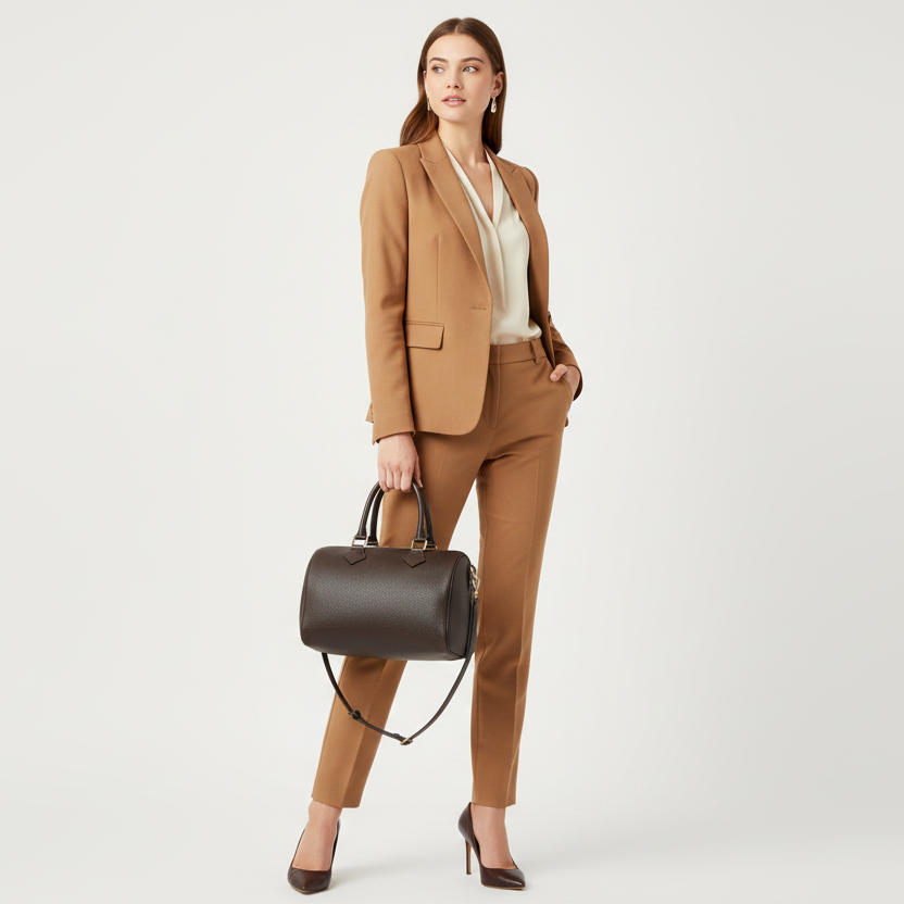 2728 sac rond en cuir grainé marron deux anses pour porter à la main et une bandoulière pour porter à l épaule