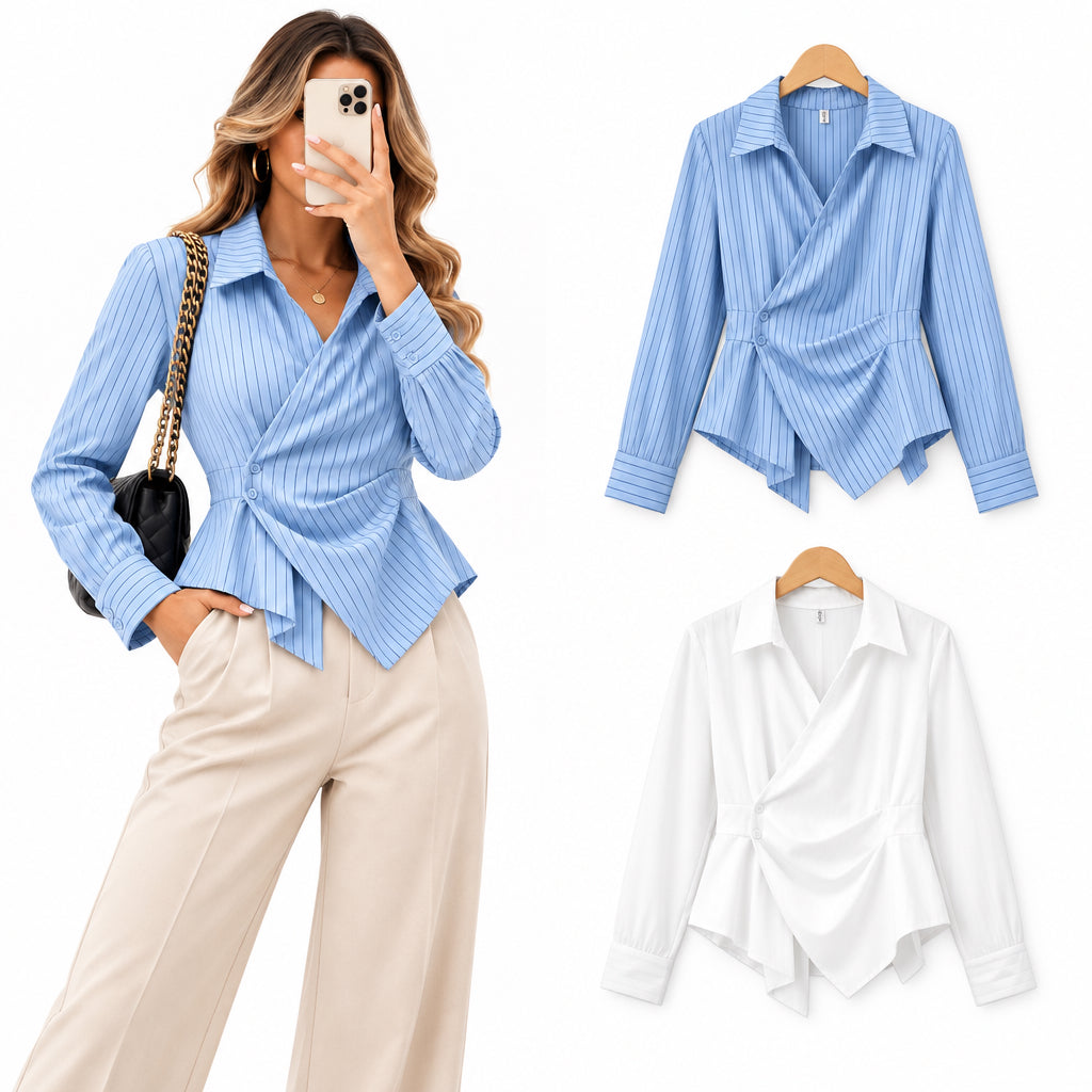 Chemise drapée L5880 – chemisier femme cache-cœur plissé à col classique, manches longues et taille cintrée, style chic pour le bureau et les sorties à associer avec un pantalon droit ou une jupe pour une silhouette habillée et moderne